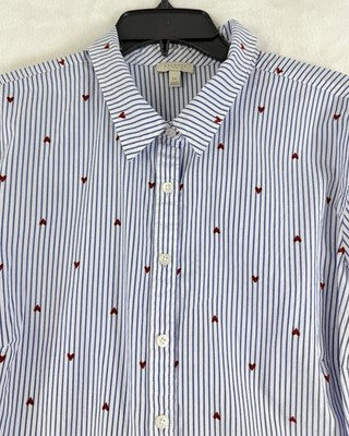 Talbots 2X Tops Womens Blue Hearts Button Up Long Sleeve 100% Cotton