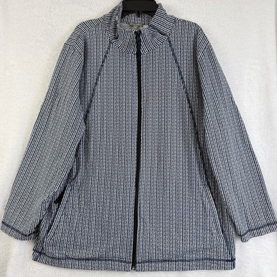 T By Talbots Jacket 2X Knit Full Zip Long Sleeve Mock Neck Blue Print Cotton