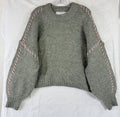 Primark Sweater Large Green Crew Neck Pink Whipstitch Wool Blend