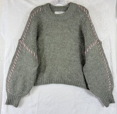 Primark Sweater Large Green Crew Neck Pink Whipstitch Wool Blend