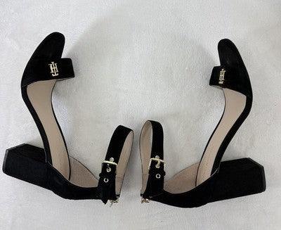 Tommy Hilfiger Block Heel Sandals 11 Womens Black Suede Leather Gold Buckle Shoe