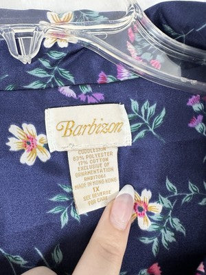 Vintage Barbizon Satin Pajama Top 1X Blue Floral Plus Size Womens Cuddleskin