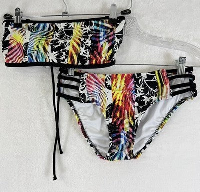 Venus Bandeau Bikini Set Small Top 4 Bottom Black Tropical Print Womens