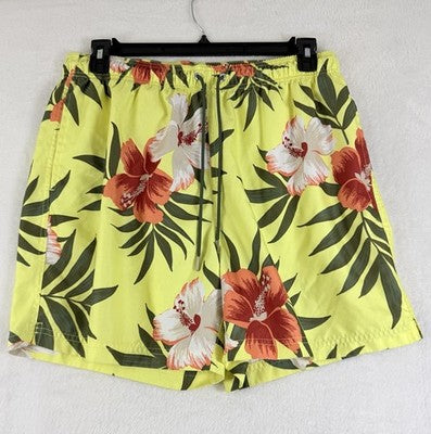 Lands End Swim Trunks Mens Large Yellow Floral Shorts Lined