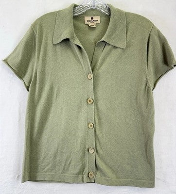 Woolrich Sweater Womens Large Sage Green Button Front Short Sleeve Tops
