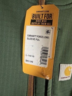 Carhartt Boys Jacket Large Green Hooded Pockets Force Full Zip Kids New NWT