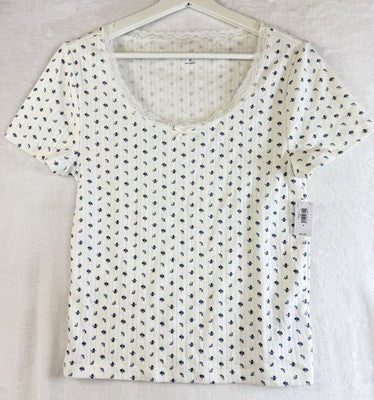 Gap Body Pajama Top Womens Medium Blue Floral Pointelle PJ Short Sleeve New NWT