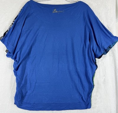 Desigual Top Large Blue Green Print Short Sleeve Dolman Knit