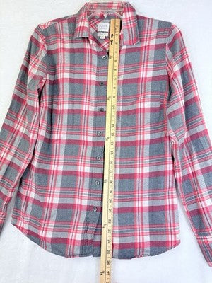 J Crew Flannel Shirt Women Small Gray Plaid Perfect Fit Button Up Top Long