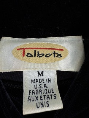 Vintage Talbots Top Medium Black Velour Mock Neck Short Sleeve Women Made In USA