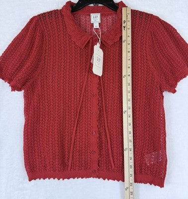 Gap x Dôen Linen Cardigan Large Women Red Short Puff Sleeve Button Front Top New