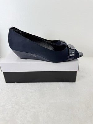 Alfani Shoes 11 Womens Carterr Peep Tow Wedge Heel Sandals Navy Blue Step N Flex