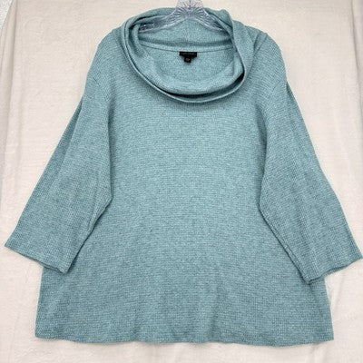 J Jill Wearever Top 2X Sweater Aqua Blue Cowl Neck 3/4 Sleeve Womens