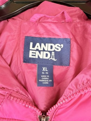 Lands End Girls Jacket XL Puffer Coat Pink Hooded Full Zip