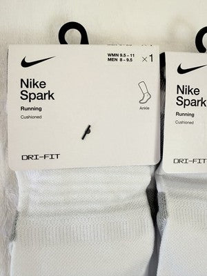 Nike Spark Running Socks White Ankle Men 8-9.5 Women 9.5-11 Cushioned Lot New