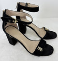 Tommy Hilfiger Block Heel Sandals 11 Womens Black Suede Leather Gold Buckle Shoe