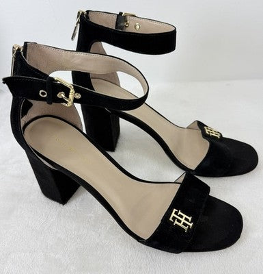 Tommy Hilfiger Block Heel Sandals 11 Womens Black Suede Leather Gold Buckle Shoe