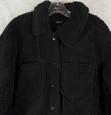 Torrid 1 Sherpa Fleece Jacket Shacket Black Snap Front 1X Plus Size Womens
