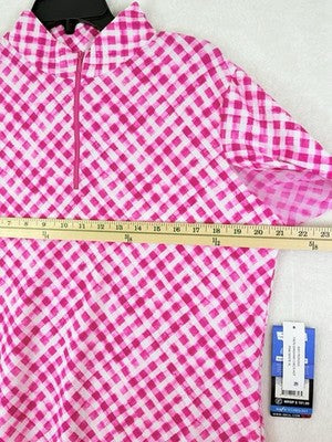 IBKUL Womens Long Sleeve Top XL 1/4 Zip Mock Neck Pink Gingham Check Print Golf