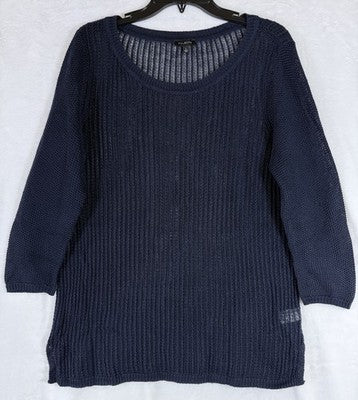 Talbots 100% Linen Top Large Womens Blue Open Knit Sweater 3/4 Sleeve