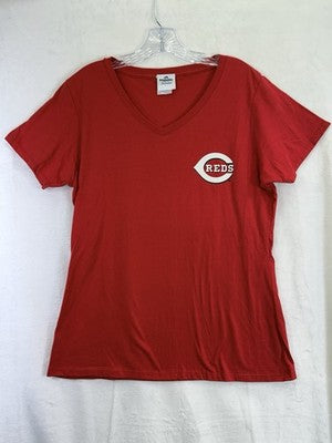 Majestic Cincinnati Reds Womens T Shirt Large Red V-Neck Tee MLB Short Sleeve