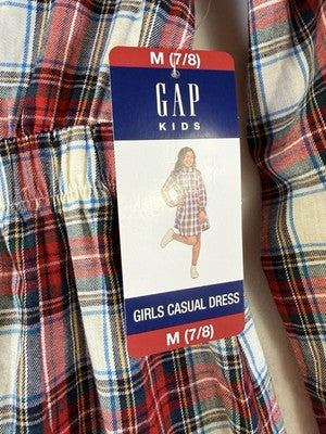Gap Kids Dress Girls 7/8 Medium Red Plaid Flannel Fit Flare Long Sleeve New