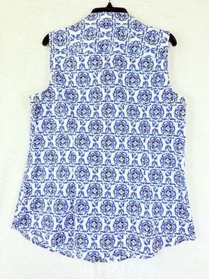 Talbots Non Iron Shirt 6 Womens Sleeveless Blue Print Button Down Cotton Womens