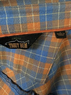 Orvis Troutbum Large Long Sleeve Flannel Shirt Button Down Blue Plaid Mens Trout