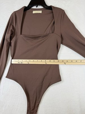 Qinsen Bodysuit Medium Womens Brown Long Sleeve Square Neck