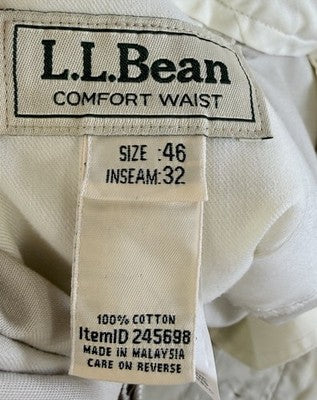 LL Bean Comfort Waist Pants 46x32 Mens Flat Front Tan Khakis Chinos 100% Cotton
