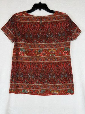 J Crew Top XXS Short Sleeve Red Floral Paisley Print Lightweight Womens