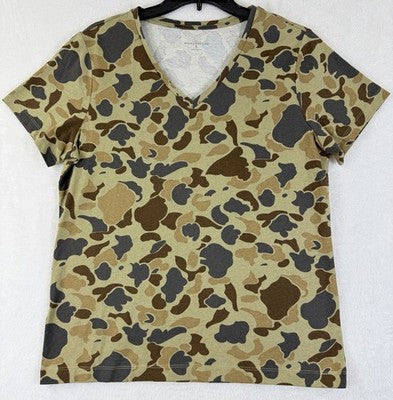 LL Bean Signature Womens Small Tee Duck Camo Short Sleeve Top T Shirt V Neck