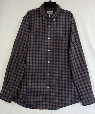 LL Bean Slightly Fitted Shirt Medium Blue Plaid Mens 100% Cotton Button Up Down