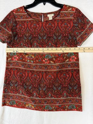 J Crew Top XXS Short Sleeve Red Floral Paisley Print Lightweight Womens