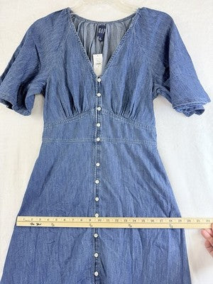 Gap Denim Dress Small Women Short Sleeve Maxi Blue Flutter Sleeve Fit Flare New