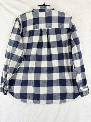 LL Bean Flannel Shirt Womens Large Blue Plaid Organic Cotton Long Sleeve Button