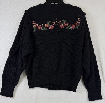 Carroll Reed Wool Cardigan Medium Black Embroidered Flowers Vintage