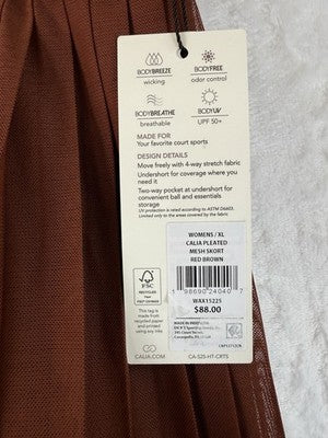 Calia Pleated Tennis Skort XL Brown Pull On 15” High Rise Womens New NWT