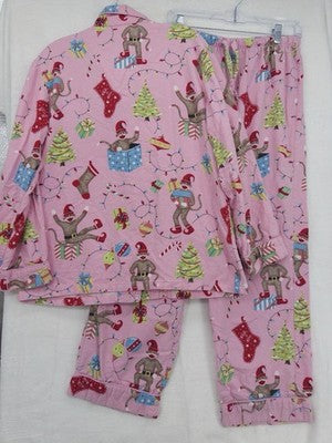 Nick And Nora Pajamas Set Medium Pink Flannel Sock Monkey Christmas Shirt Pants