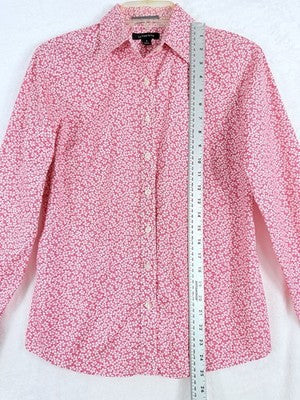 Lands End Shirt 4 Women No Iron Pintuck Oxford Button Up Long Sleeve Pink Floral