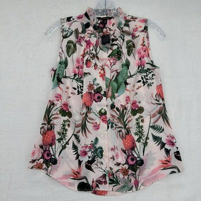 Banana Republic Top XS Sleeveless Pink Bird Floral Print Ruffle Neck New NWT
