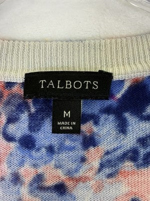 Talbots Charming Cardigan Sweater Medium Pink Blue Floral Womens 3/4 Sleeve
