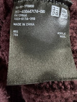 Uniqlo Sweater Men Medium Cable Knit Wool Blend Burgundy Crew Neck