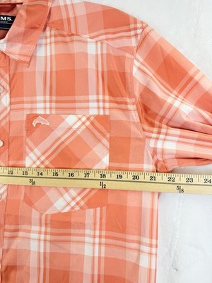 Simms Fishing Shirt Medium Outpost Long Sleeve Button Up Down Coral Plaid Mens