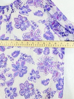 Ann Taylor Loft Top Large Petite Puff Sleeve Purple Floral Long Sleeve Womens