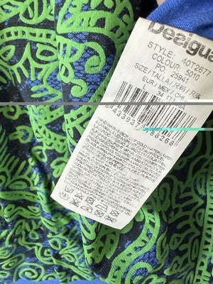 Desigual Top Large Blue Green Print Short Sleeve Dolman Knit