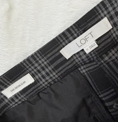 Ann Taylor Loft The Devin Slim Pants 10 Black Gray Plaid Womens