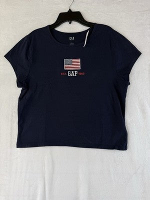 Gap Crop Tee Large Short Sleeve Navy Blue USA Flag July 4th Top Shirt Womens New