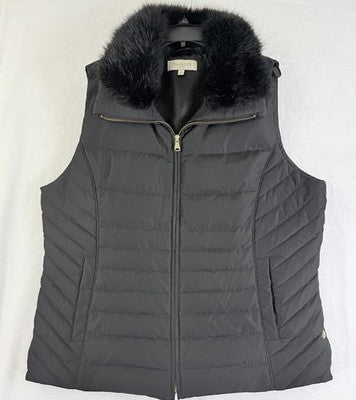 Talbots Down Puffer Vest Womens Large Black Faux Fur Collar Full Zip Quilted