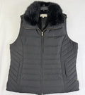 Talbots Down Puffer Vest Womens Large Black Faux Fur Collar Full Zip Quilted